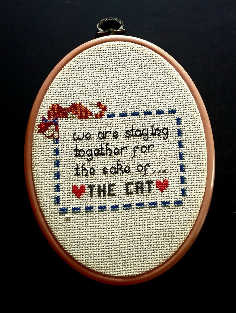 Vintage Hand-Embroidered Cat Sentiment Hoop - Cream and Red